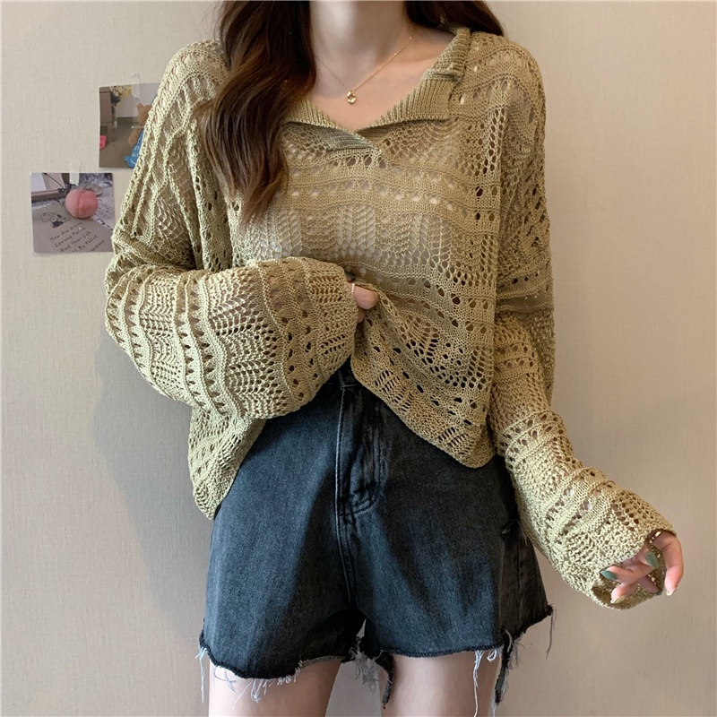 【ZHELIHANGFEI】Áo Dệt Kim Tay Dài Cổ Chữ V Dáng Rộng Xinh Xắn Thời Trang