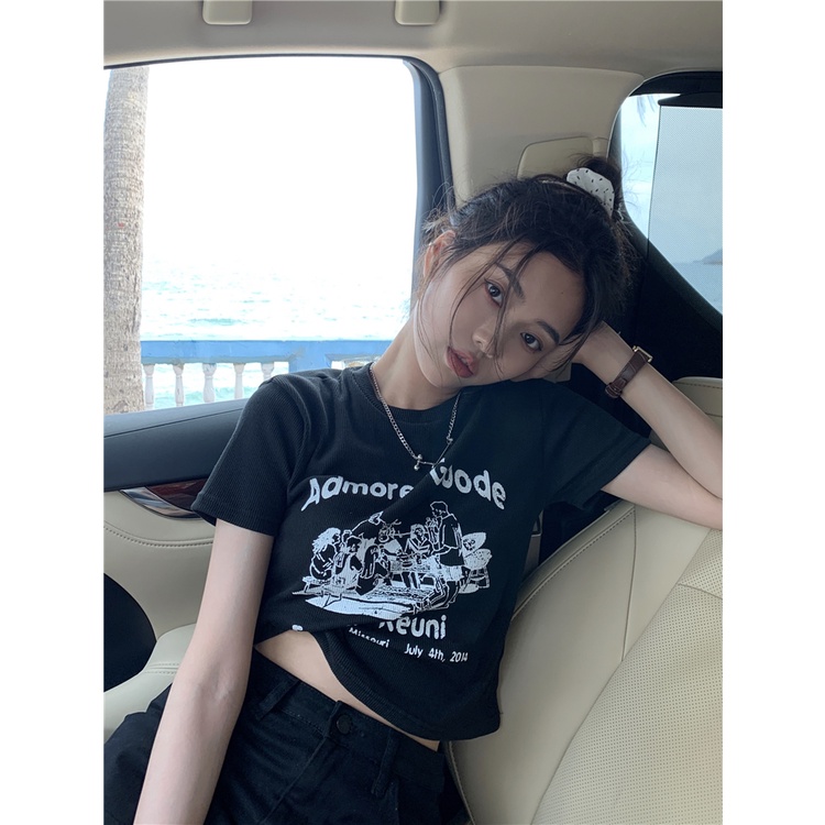 Áo Thun Croptop Ngắn Tay Form Ôm In Họa Tiết Phong Cách retro