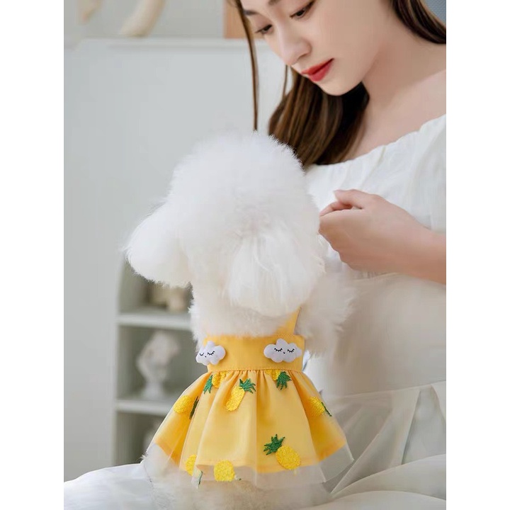 Váy 2 dây cho thú cưng thêu hình trái dứa vải ren xòe bồng bềnh, váy chó mèo