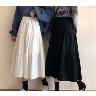 Chân váy dài xếp ly 3 tầng Ulzzang cạp chun Freesize<55kg màu trắng, đen -CKV.006