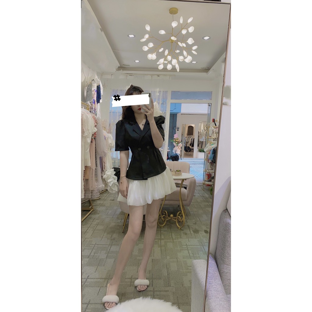 Set áo vest ngắn tay + chân váy voan tơ xòe bồng hàng Quảng Châu