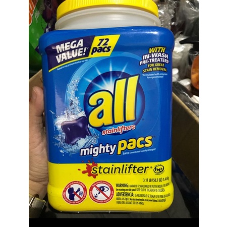 Hộp 72 viện giặt All Stainlifters Mighty Pacs 72 (Mỹ)