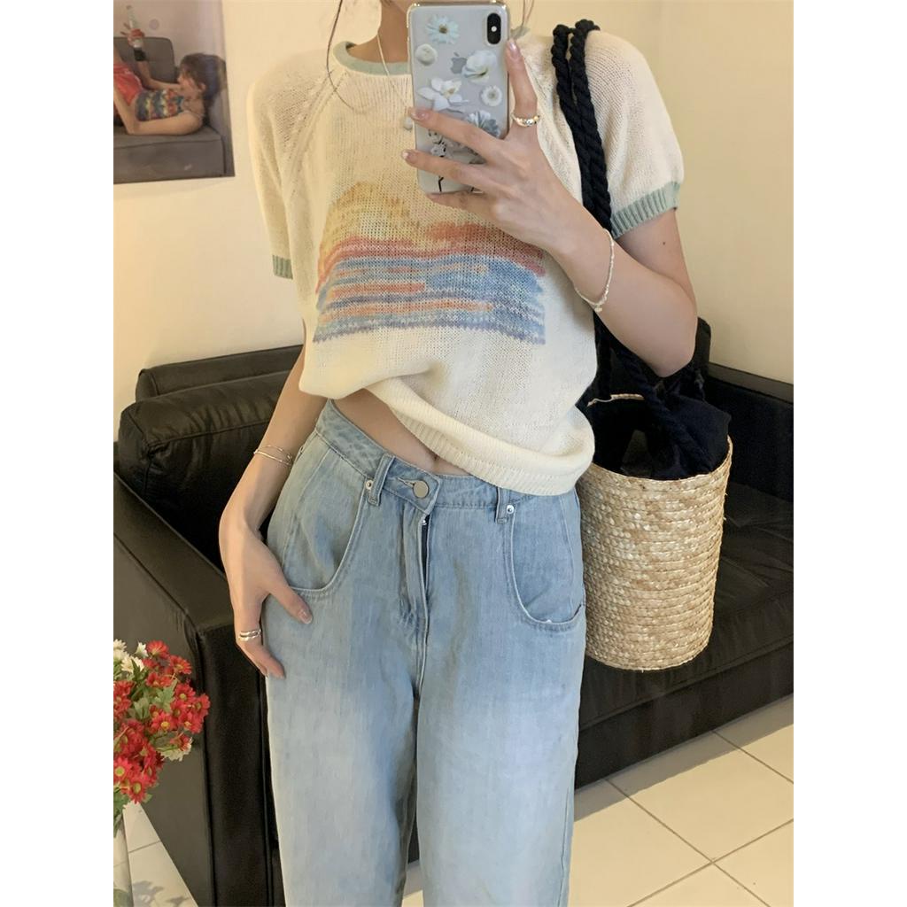 Áo Thun Dệt Kim Ngắn Tay In Họa Tiết Màu Sắc Hợp Thời Trang Hè 51937