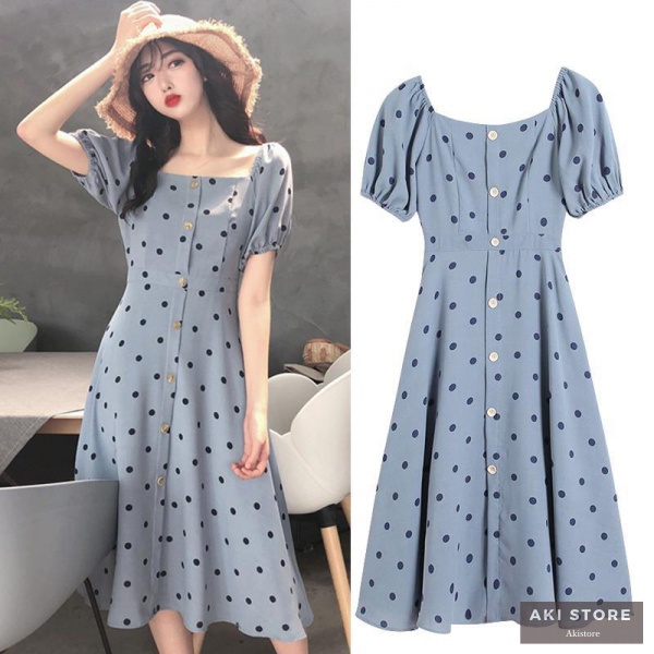 Đầm midi Tay Ngắn Họa Tiết Chấm Bi Thời Trang 2022 Cho Nữ
