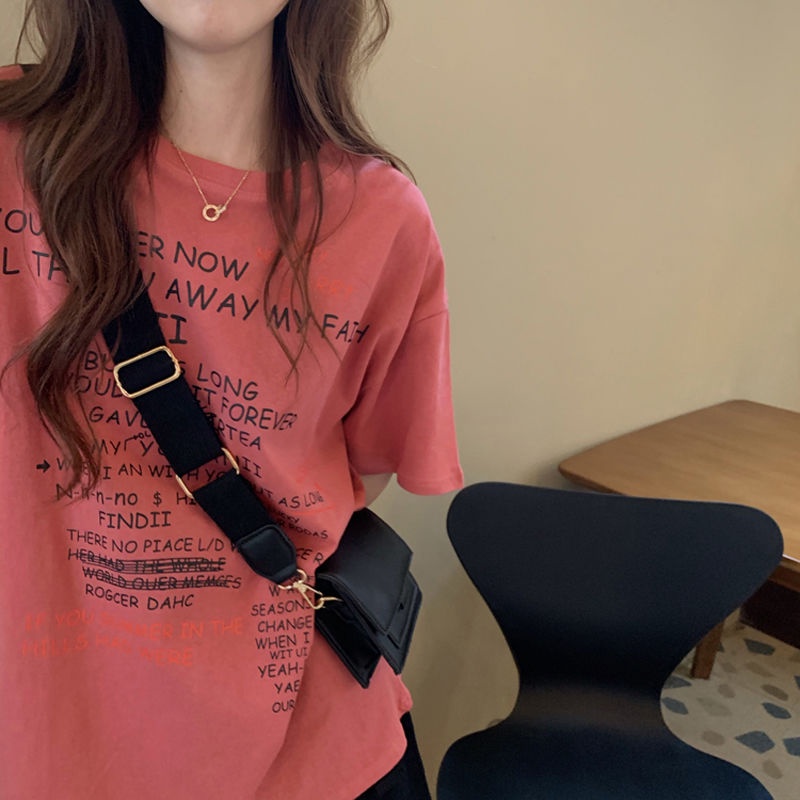 Rose Pink Short Sleeve T-Shirt women's fashion summer 2021 new Korean version Harajuku mid long loose half sleeve top