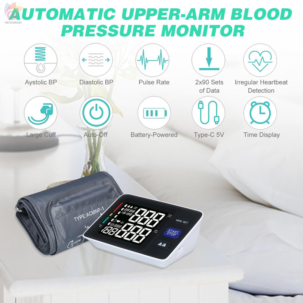 ET U85H Automatic Upper-arm Blood Pressure Monitor Digital Blood Pressure Meter with Large Cuff Fits 8.7-inch to 16.5-inch Upper-arm Support 2×90 Sets of Data Record Irregular Heart Beat Pulse Machine BP Meter for Medical Household Use