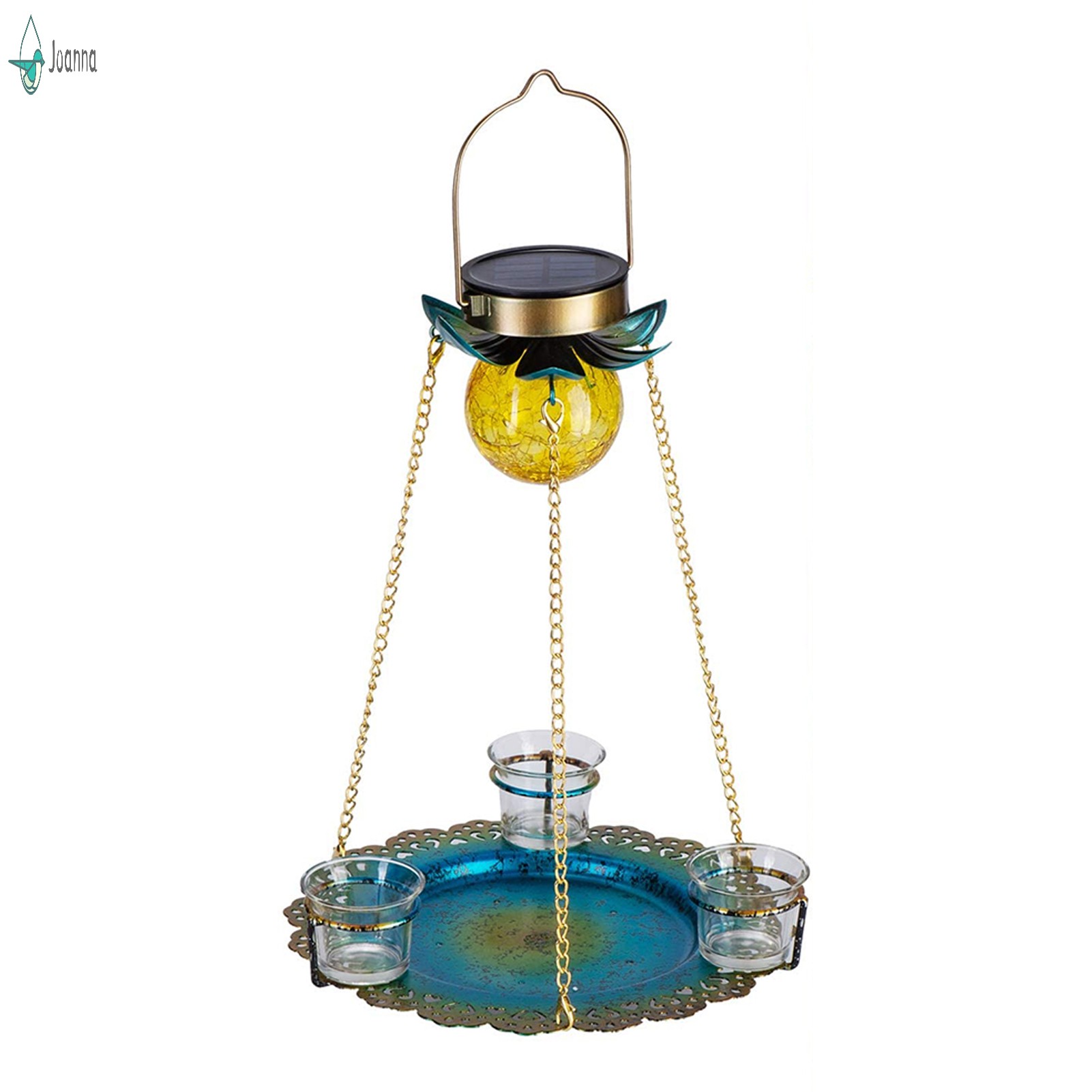 Solar Powered Birds Feeder Outdoor Hanging Waterproof Birds Food Tray Garden Metal Flower Decorative LED Lighting