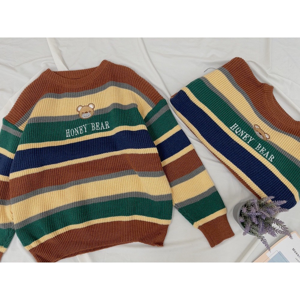Áo Len Kẻ Honey Bear QCCC Nữ [FREESHIP]  Sweater form rộng tay bồng vintage, kiểu dáng bánh bèo cá tính Ulzzang