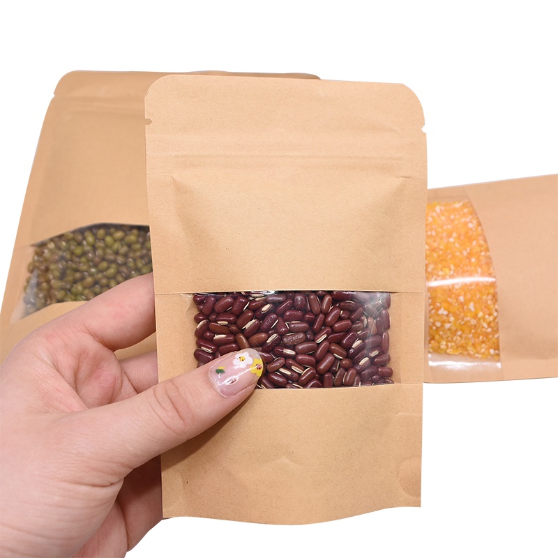 Set 10 Túi Giấy Kraft Màu Nâu Có Cửa Sổ Đứng Đựng Thực Phẩm Trà Cà Phê Kẹo Có Thể Tái Sử Dụng