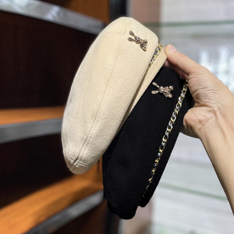 Mũ nồi len phối dây xích phong cách thời trang thu đông Hàn Quốc cho nữ