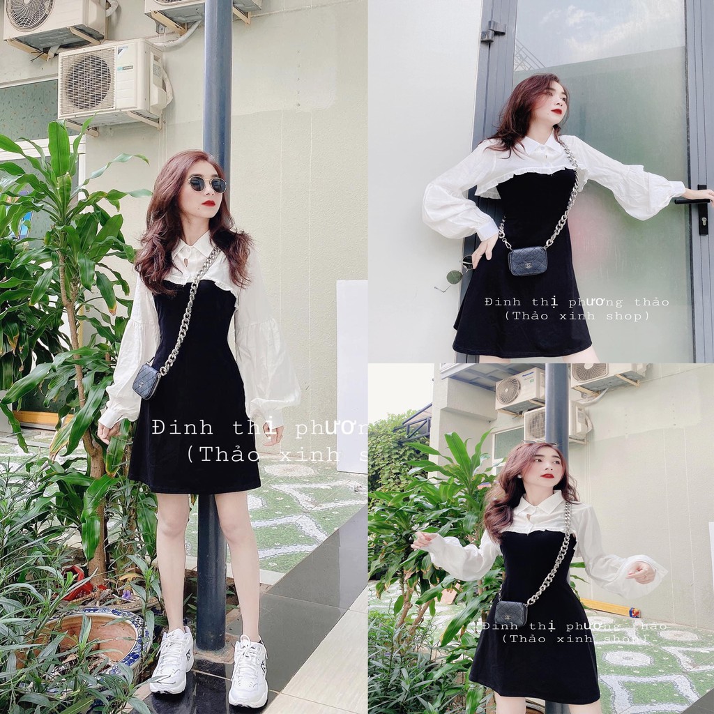 Set váy áo croptop áo sơ mi nữ bèo trắng dài tay mix váy 2 dây body đầm xòe công sở thời trang nữ LD003 | BigBuy360 - bigbuy360.vn