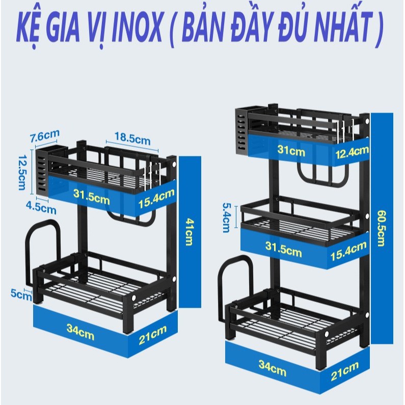 Kệ đựng gia vị nhà bếp 2 - 3 tầng; Kệ gia vị SenNai kèm giá dao thớt, móc treo, ống đũa thìa, thép sơn tĩnh điện cao cấp