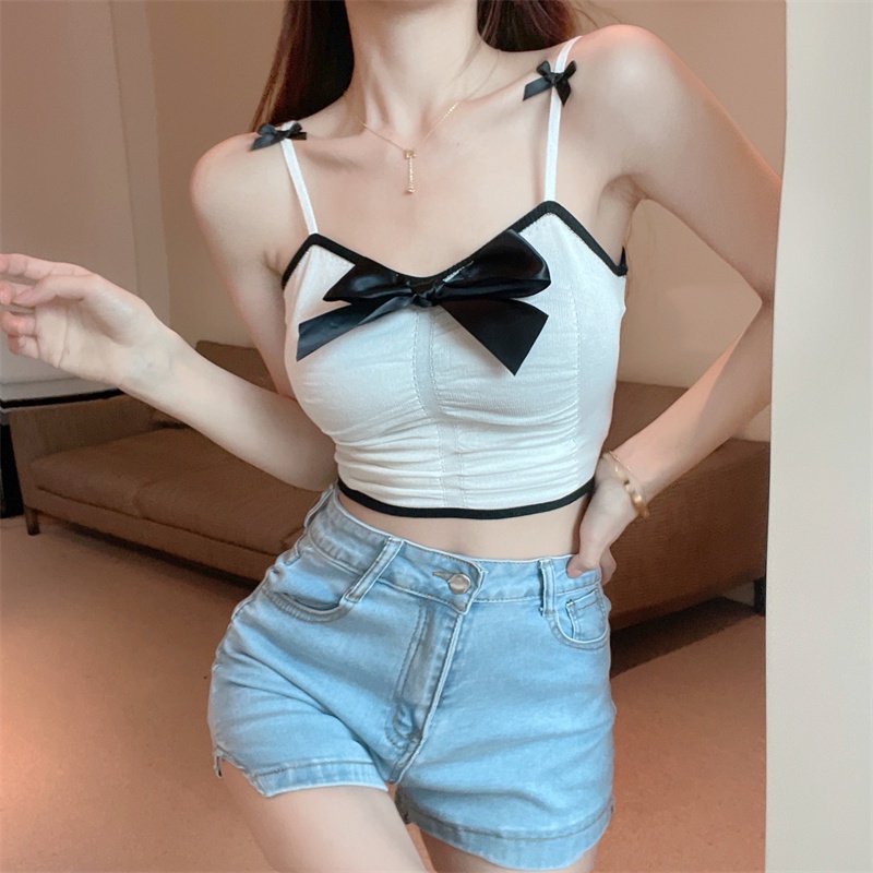 Áo Hai Dây Dáng Ngắn Phối Nơ Màu Tương Phản Thời Trang Mùa Hè Quyến Rũ