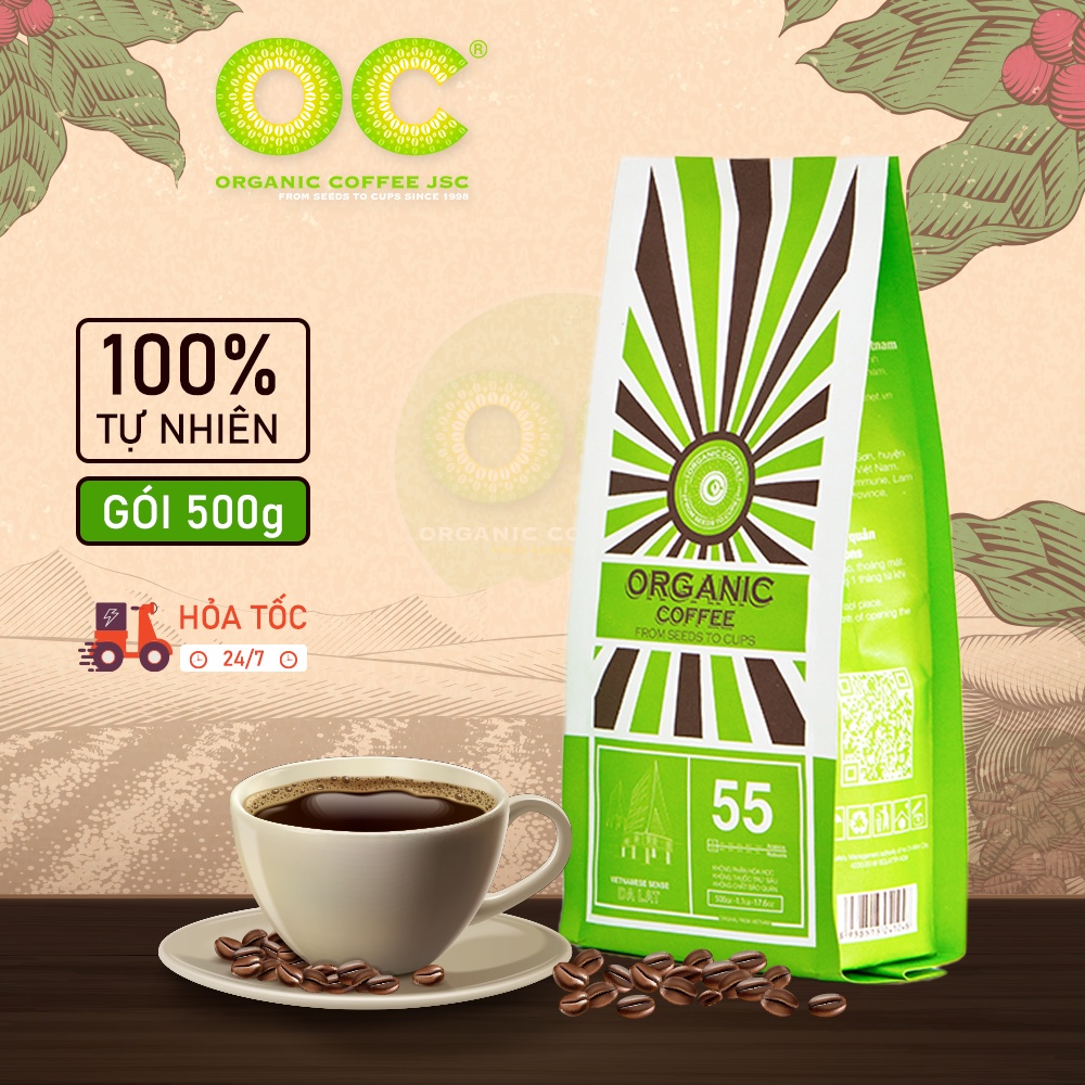 Cà phê Robusta rang xay nguyên chất hữu cơ 100% Đà Lạt 55, Cafe rang mộc pha phin/máy gói 250g/500g Organic Coffee JSC