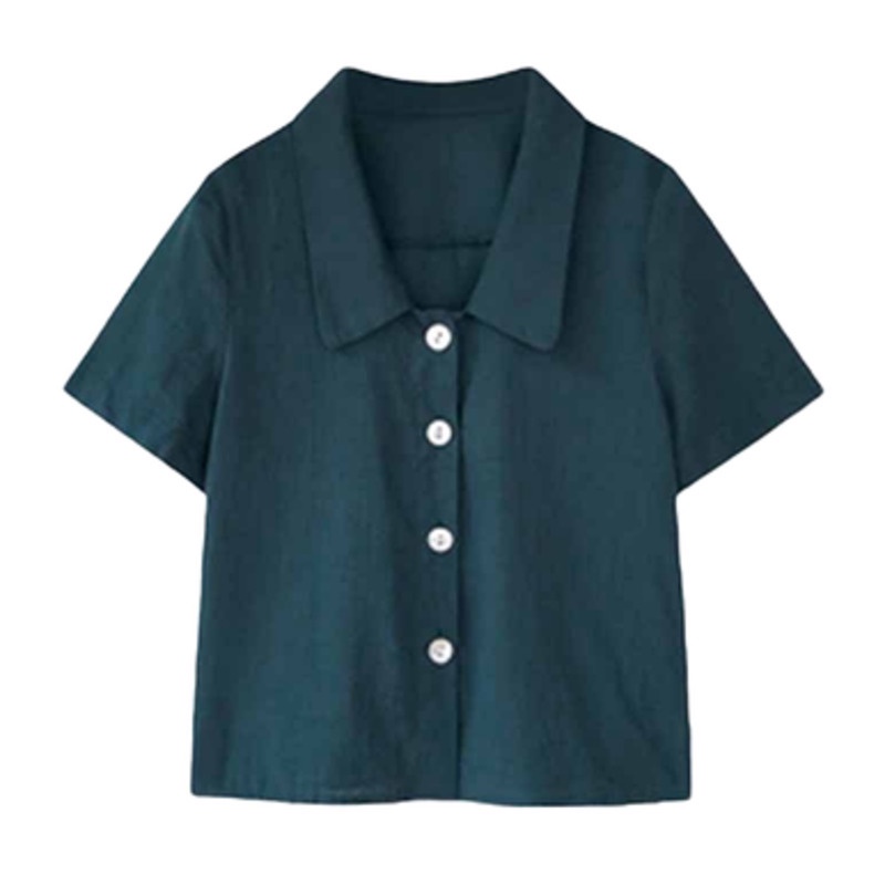 Áo Sơ Mi Trơn Ngắn Tay 154745 Áo Sơ Mi Cổ Búp Bê Dáng Rộng Phong Cách Thời Trang Retro