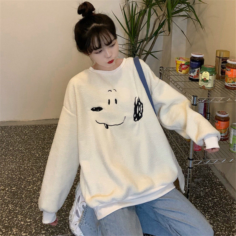 Áo hoodie tròng đầu dáng rộng phong cách Harajuku Hàn Quốc phối nhung dày dặn cho nữ