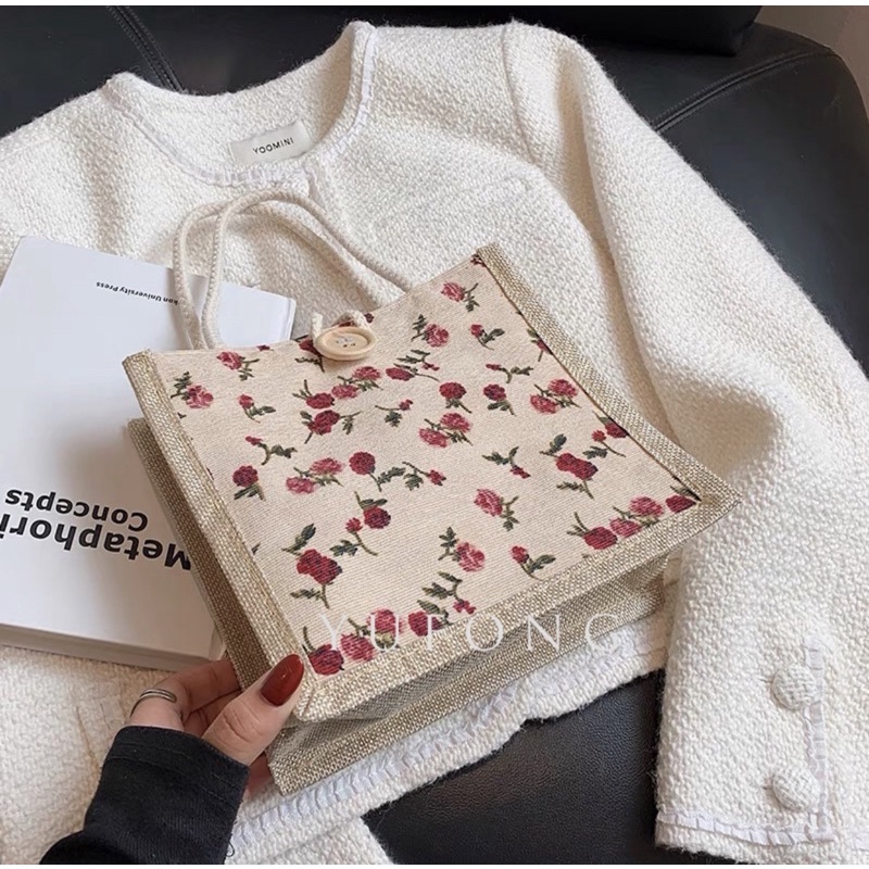 Túi Cói Tote Xách Tay Mẫu mới Hoa Nhí Vintage Dễ Thương
