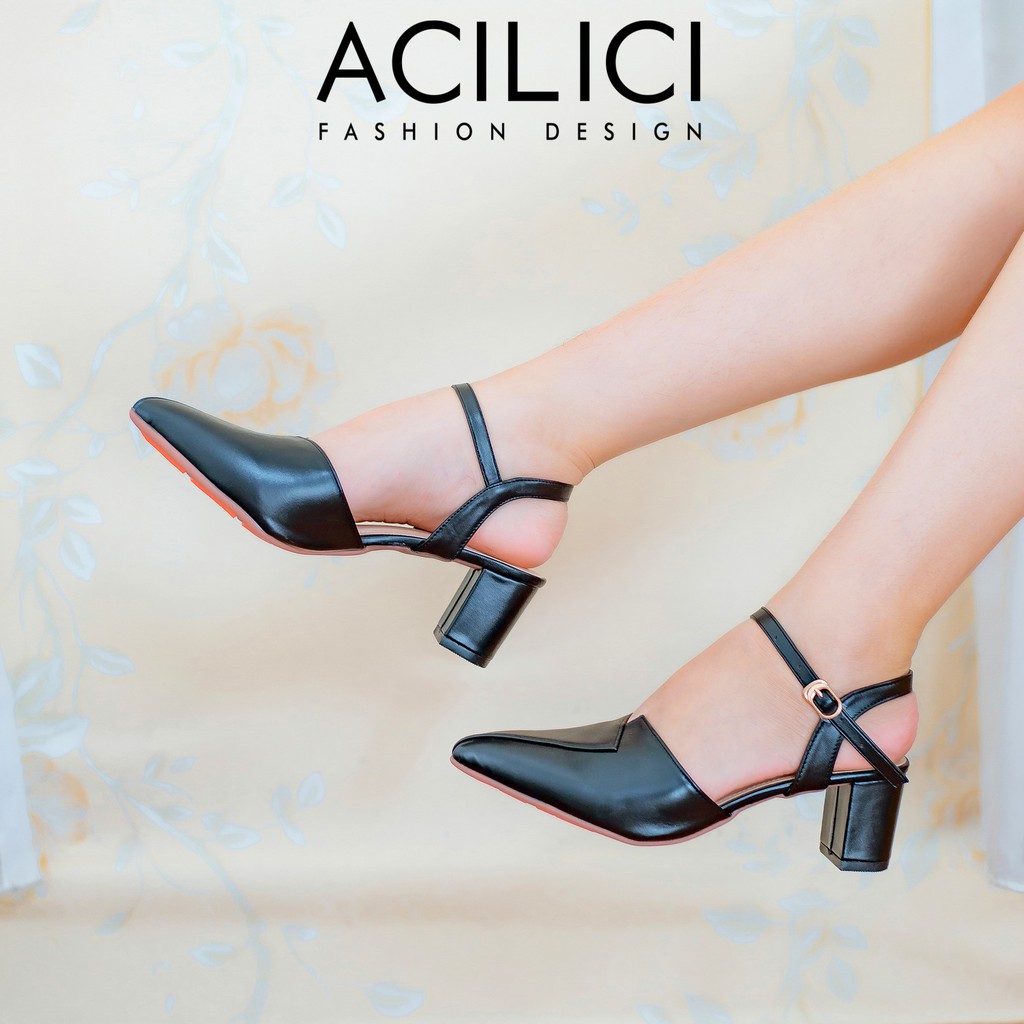 Giày sandal cao gót nữ ACILICI, mũi nhọn đế vuông cao 5p fom chuẩn size 35-40 màu đen và kem_TC01