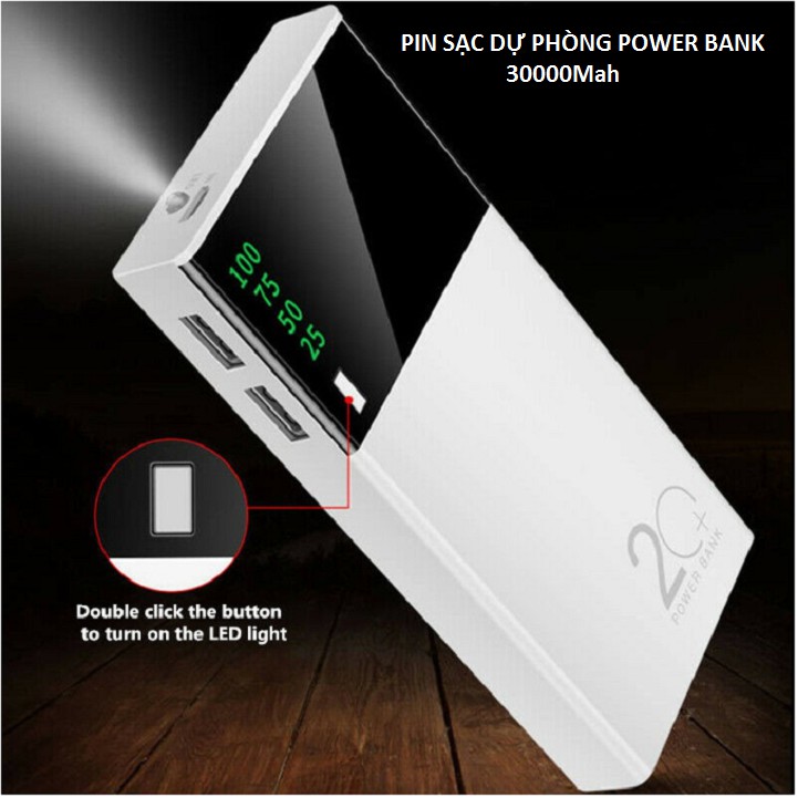 Pin Sạc Dự Phòng, Sạc Power Bank Dung Lượng 30000mAh Màn LED Có Đèn Pin