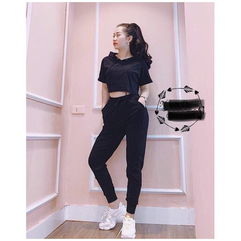 Set Bộ Nữ Trơn Quần Ống Bó Áo Thun Croptop Có Nón Trẻ Trung EVA SET 10055