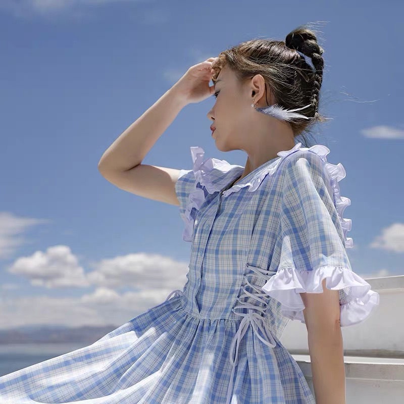 Đầm Dài Cổ Búp Bê Sọc Ca Rô Thời Trang Mùa Hè Hàng Mới Dành Cho Nữ Sinh Trung Học 2023