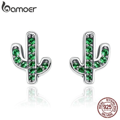 BAMOER Bông tai bạc 925 Hình Cây Xương Rồng Đính Pha Lê Xanh Thời Trang Cho Nữ