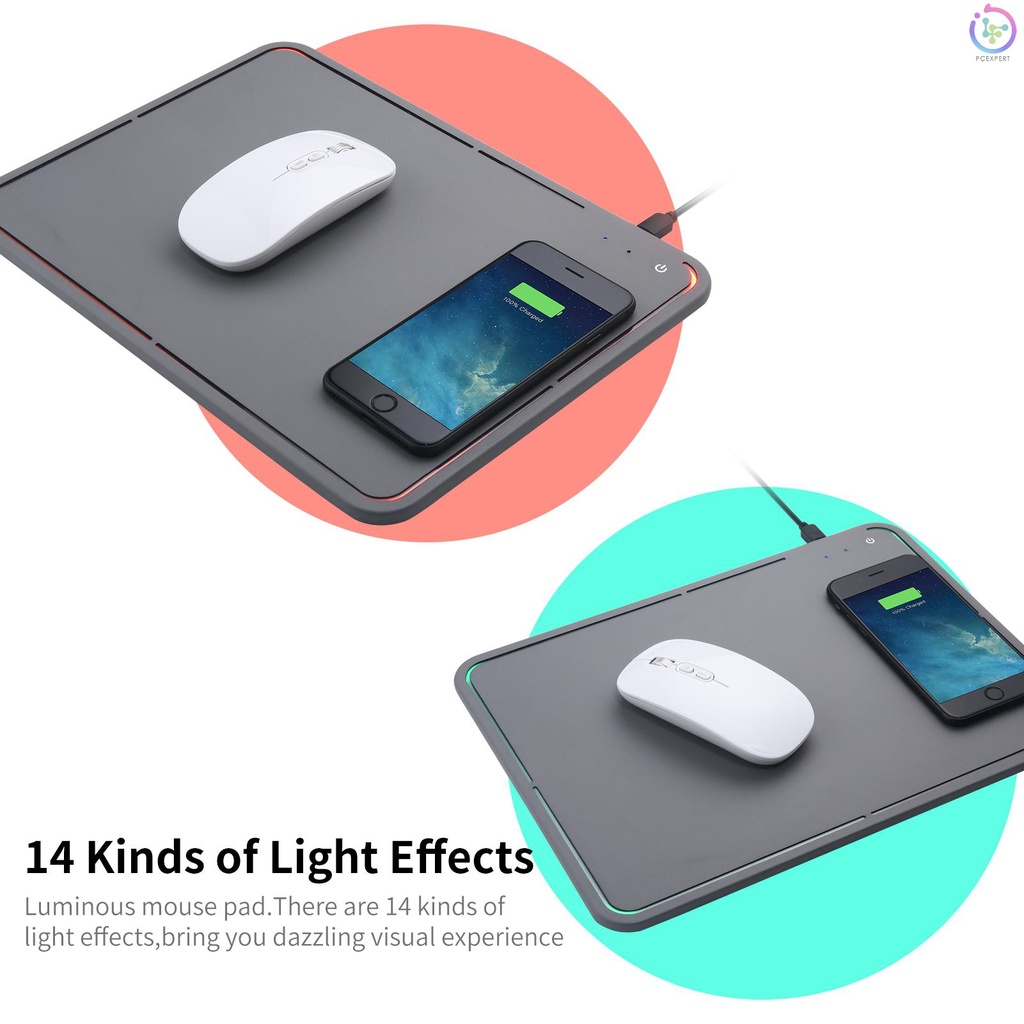 10W Wireless Charging Luminous Mouse Pad 2 in 1 Multifunctional Colorful RGB Quick Charge Non-slip Phone Charge Board Black