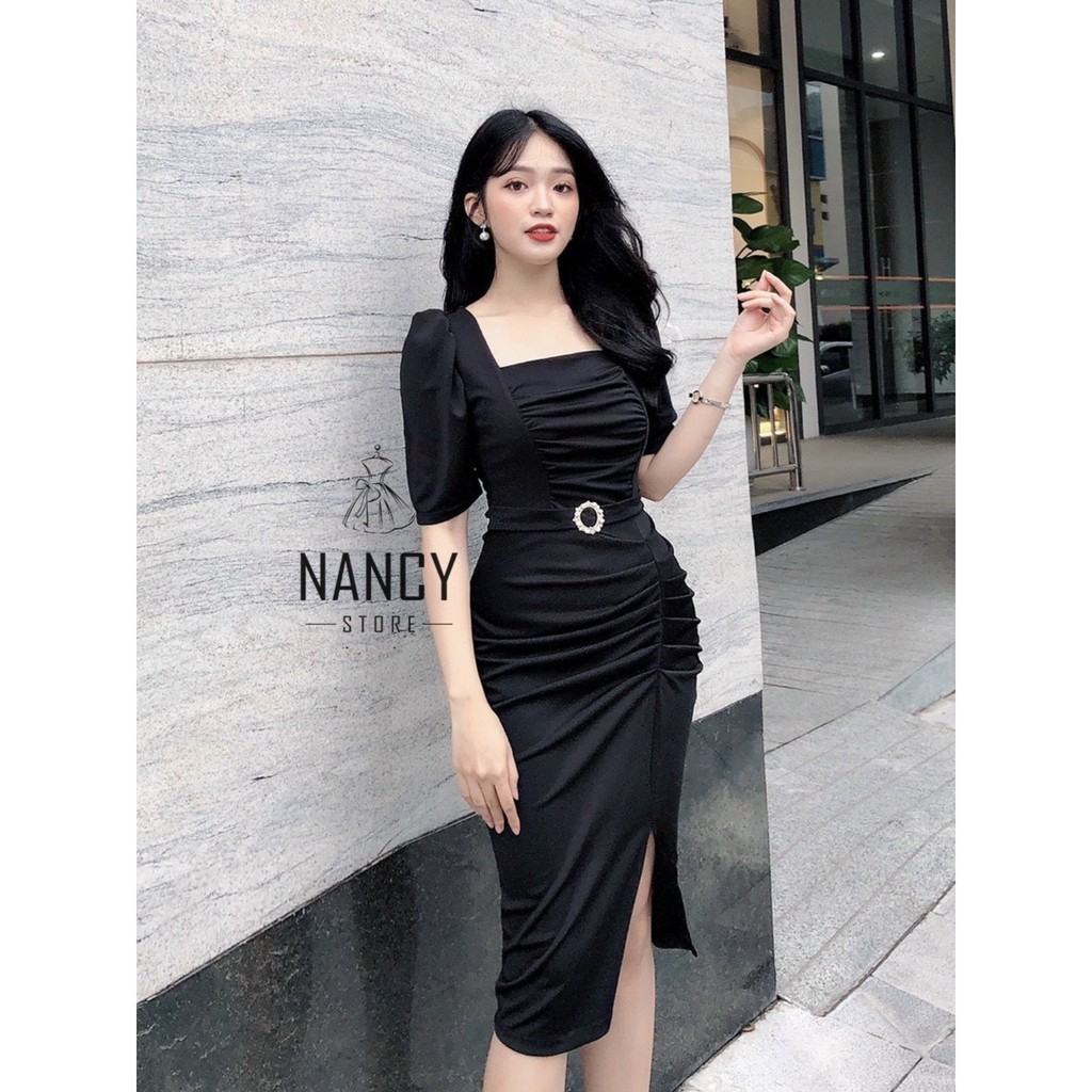 Váy body cổ vuông, tay bồng, nhún bụng, đai eo tag đá sang trọng Nancy A15 | BigBuy360 - bigbuy360.vn