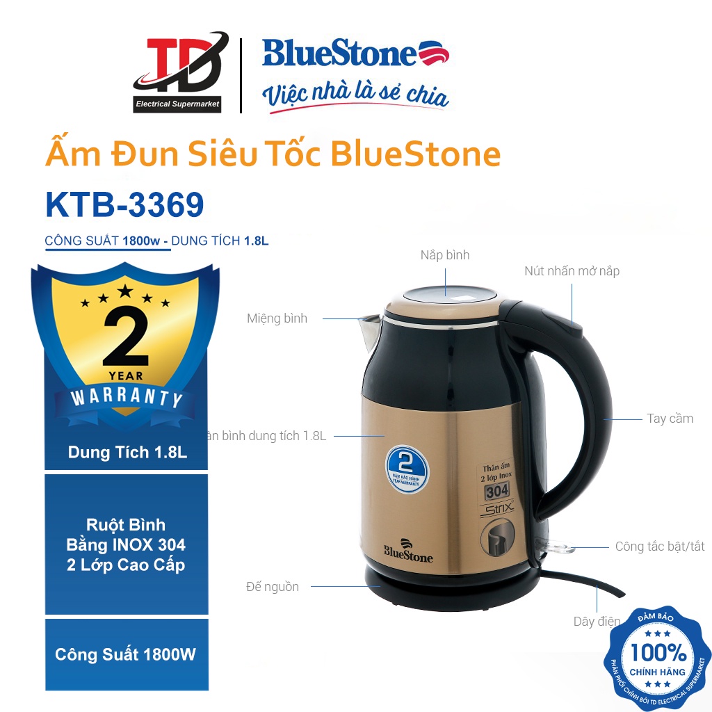 Ấm Đun Siêu Tốc Bluestone 1.8 lít KTB-3369 , Inox 304 An Toàn Sức Khỏe , Bảo hành chính hãng 2 năm