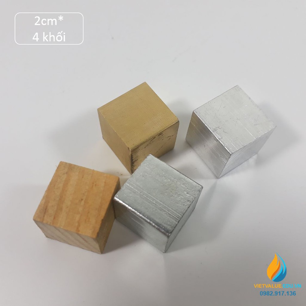 Bộ 4 khối hình lập phương, gồm sắt, nhôm, gỗ, đồng, thực nghiệm đo trọng lượng riêng của vật