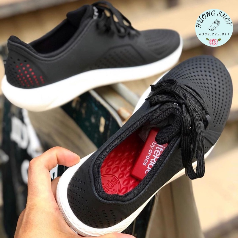 Giày nhựa Croc.s Literide buộc dây màu đen,giày đi mưa siêu chống thấm, chống trơn trượt cho nam nữ