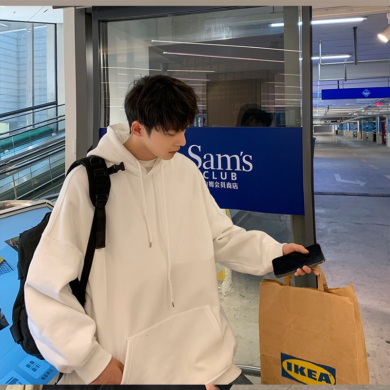 Áo hoodie tay dài dáng rộng màu trơn thời trang mùa đông dành cho nam