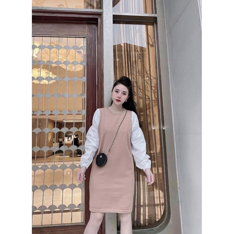 Váy umi suông phối tay voan 2 mầy đen/be