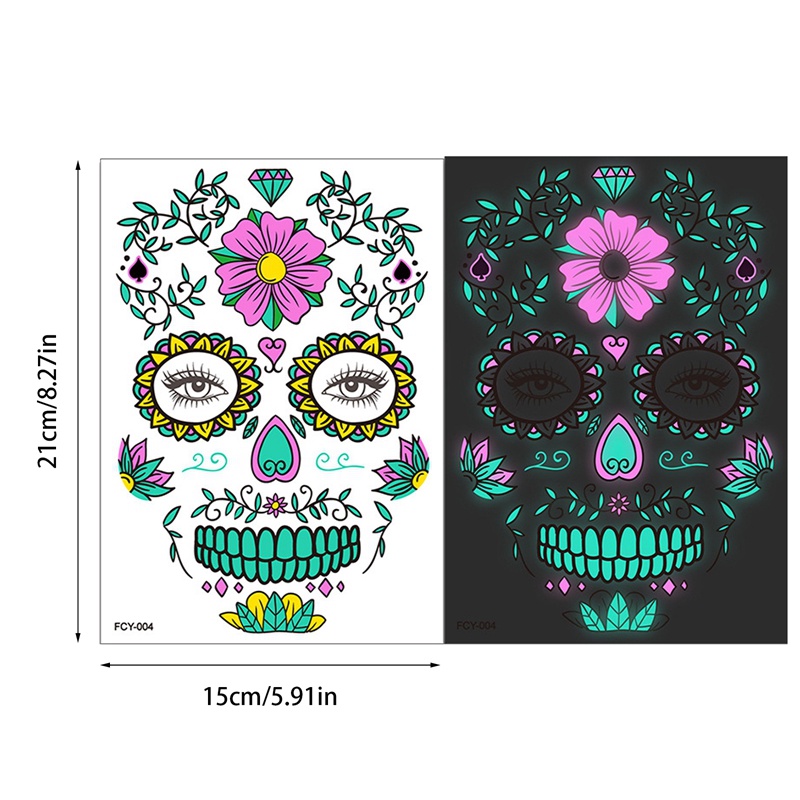 Ygt 1 Miếng Dán Hình Xăm Tạm Thời Họa Tiết Đầu Lâu Dạ Quang Chống Thấm Nước Trang Điểm Mặt Ngày Halloween