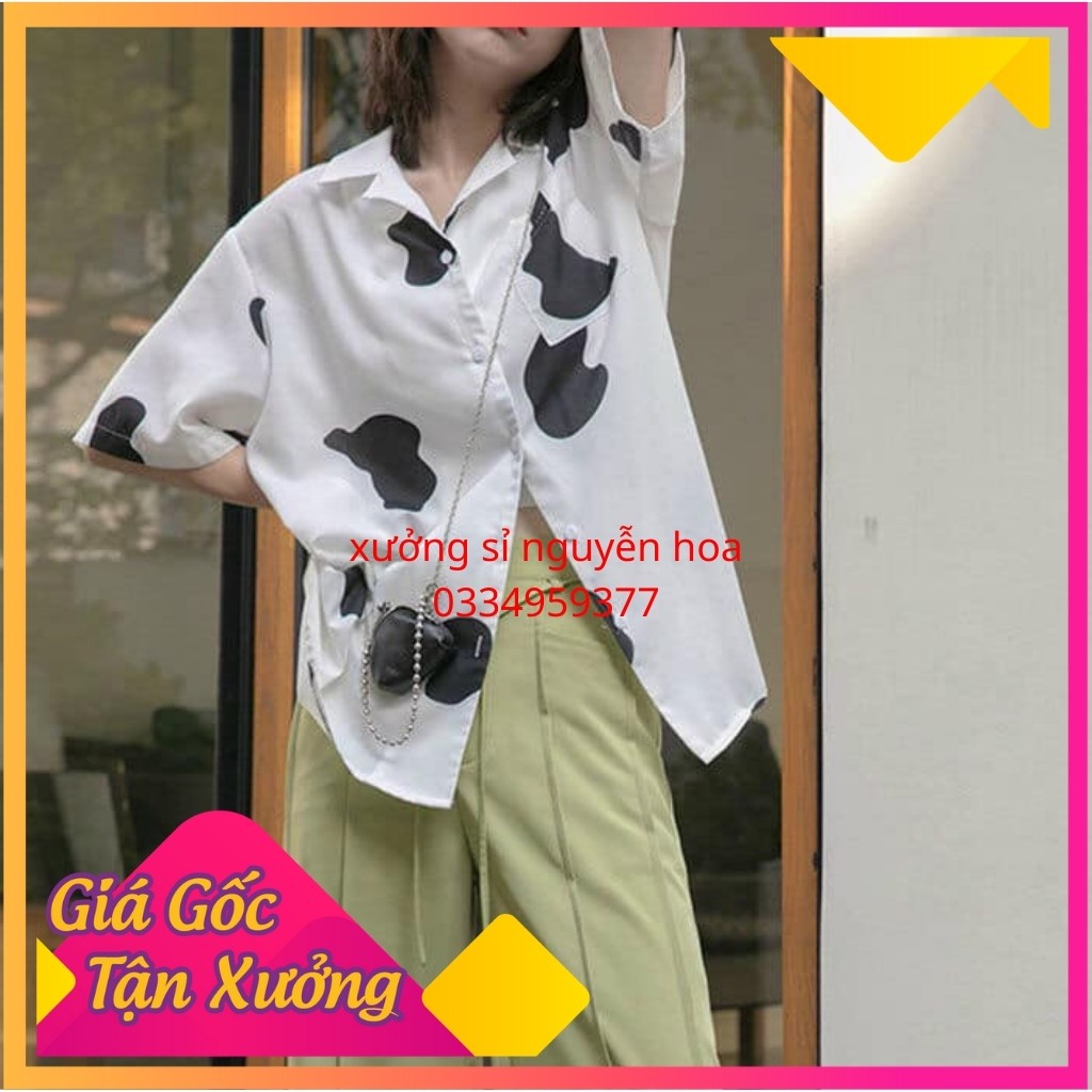 Áo sơ họa tiết bò sữa ngắn tay form unisex rộng nam nữ mặc được ( kèm video/ảnh thật) Xưởng Sỉ Nguyễn Hoa