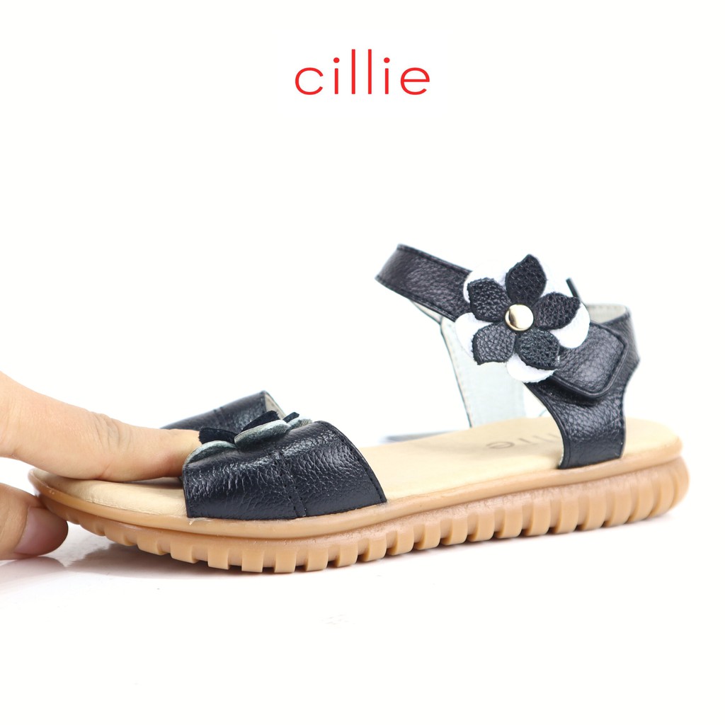 Giày sandal bé gái quai ngang basic phối nơ dễ thương da thật êm mềm đi học đi chơi Cillie 1159