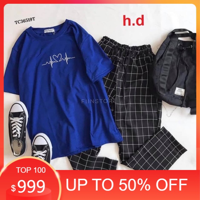 Sét áo nhịp tim + quần kẻ đen nhỏ HĐ12 , Áo thun nam nữ, quần kaki, quần nữ, sét bộ mặc ở nhà MODY