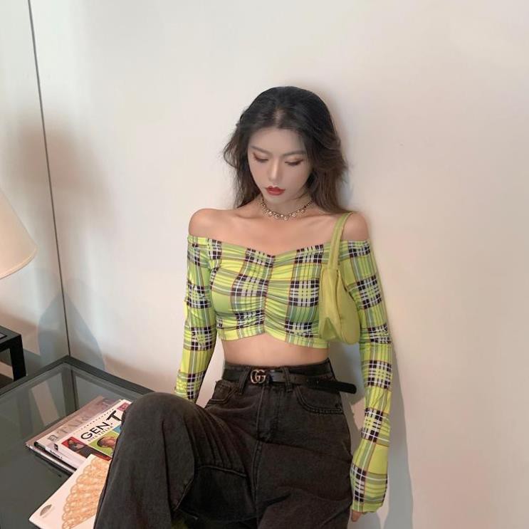 Áo croptop hở bụng nữ tay dài hạ vai gợi cảm sọc xanh lá ulzzang 💗