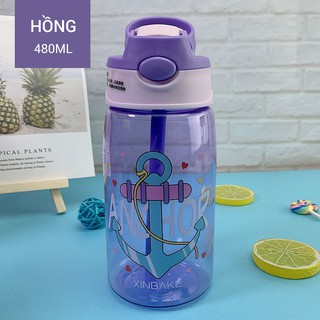 Bình nước nhựa in hình hoạt hình có ống hút cho trẻ em, bình nước thể thao B5 480ml