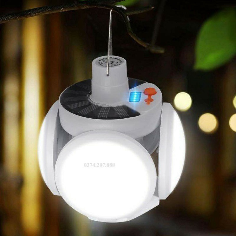 Đèn tích điện có tấm năng lượng mặt trời 4 cánh xoèFREESHIPBóng đèn led tích điện có sạc có móc treo tiện lợi