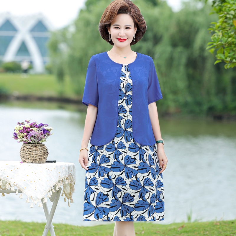 Đầm Tay Ngắn Giả Hai Lớp Thời Trang Mùa Hè Mới Dành Cho Phụ Nữ Trung Niên 5060 Tuổi