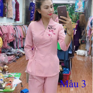 Bộ quần áo nữ Phật tử - đồ lam đi chùa Kate A13