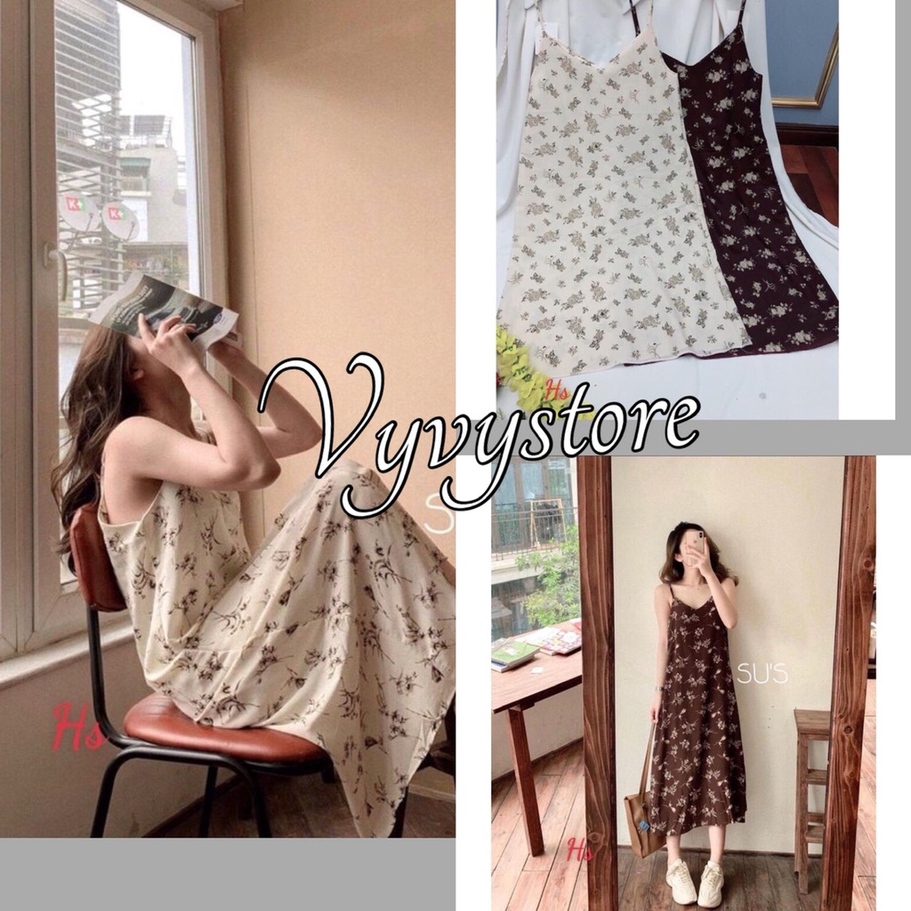 Đầm Nữ Hoa Nhí Cổ V 2 Dây ,🌸 Vyvystore🌸, Váy Nữ Hoa Chất Voan Dáng Dài, Đầm 2 Màu TRẮNG NÂU