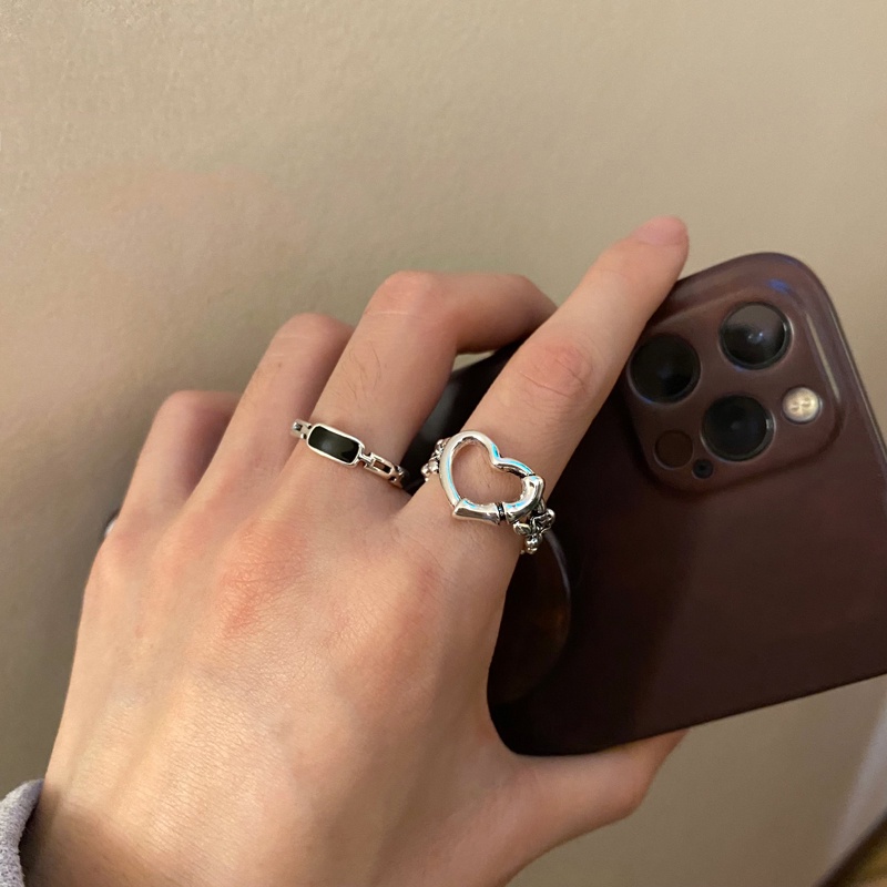 Set 2 Nhẫn Bạc Khắc Trái Tim Rỗng Có Thể Điều Chỉnh Kích Cỡ