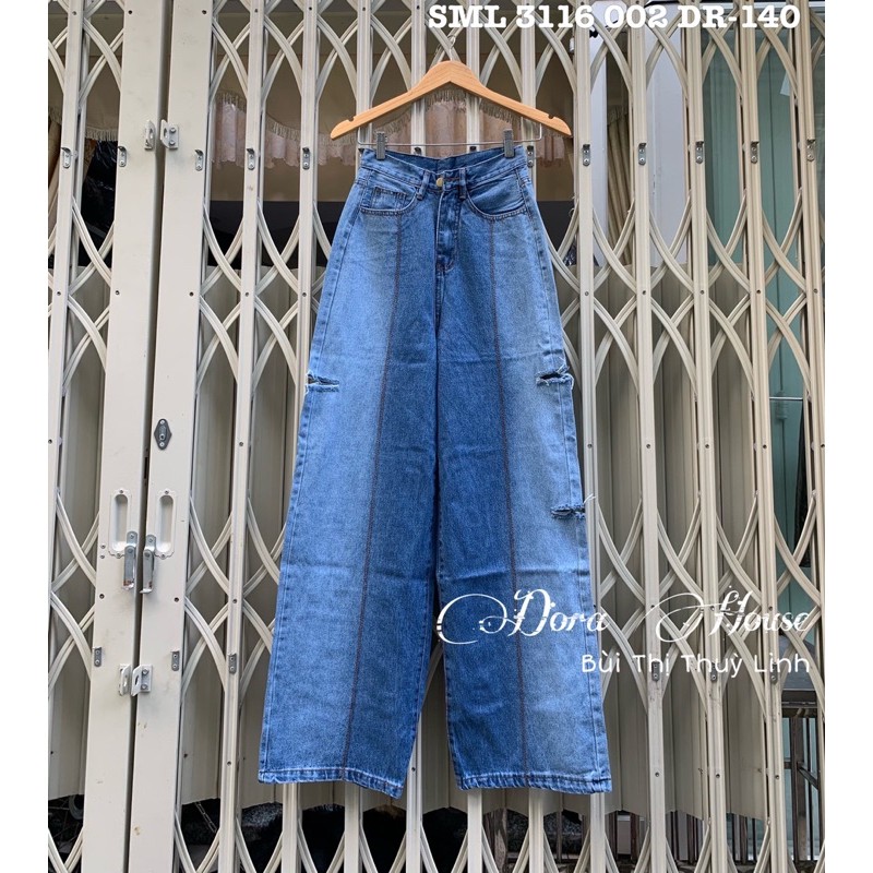 Quần baggy jeans suông phối màu