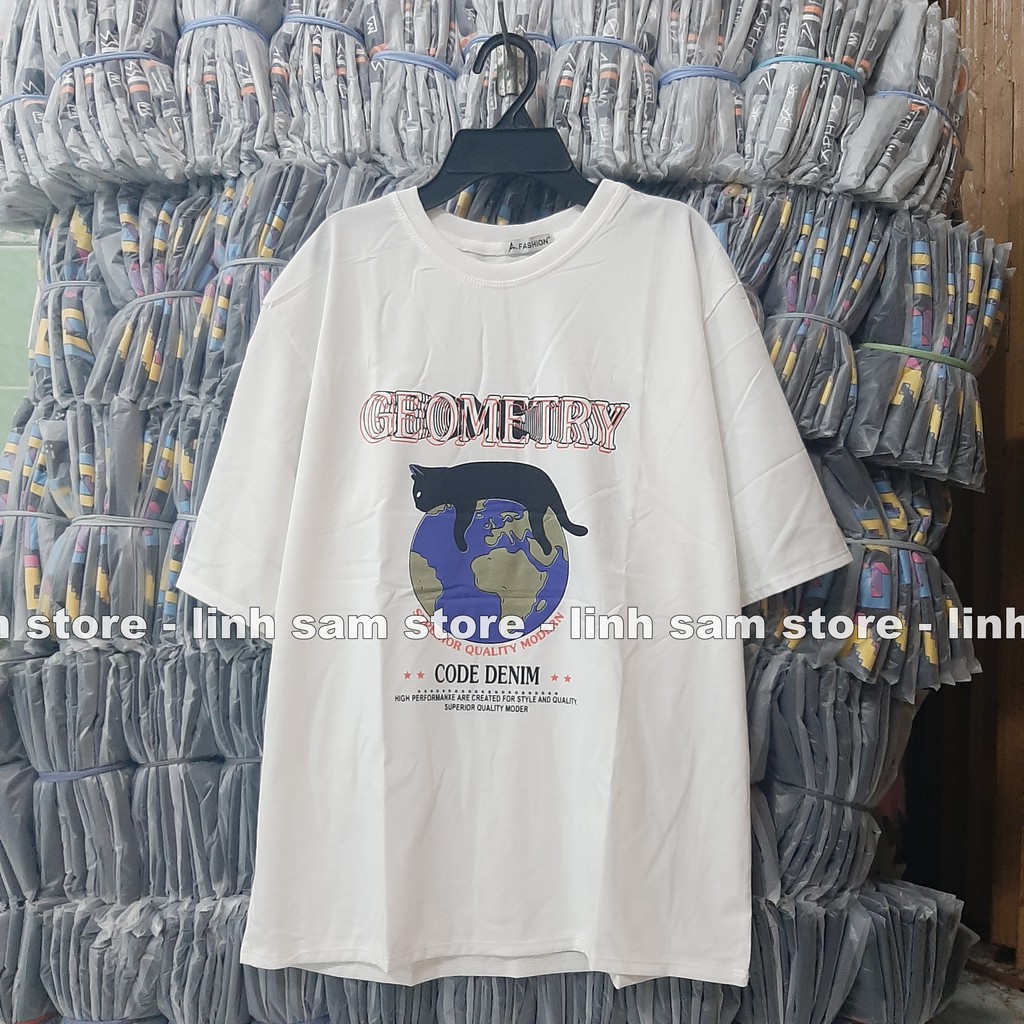 Áo thun tay lỡ nữ freesize phông form rộng dáng Unisex, mặc lớp, nhóm, cặp in hình MÈO ĐỊA CẦU GEOMETRY màu trắng | BigBuy360 - bigbuy360.vn