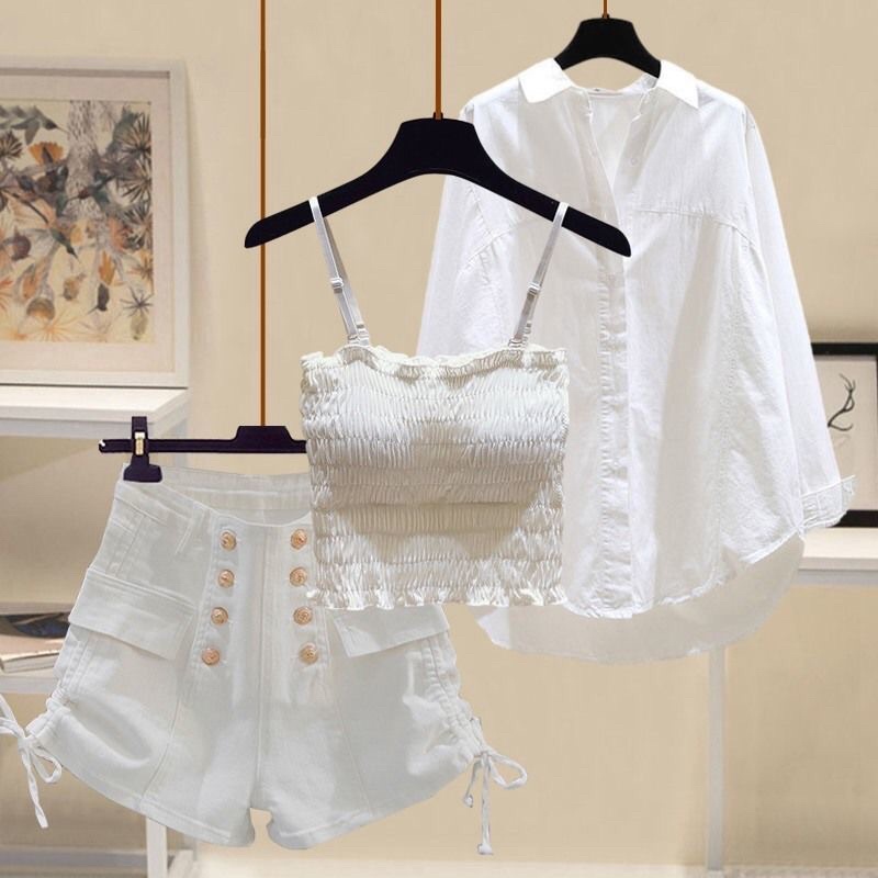 SET BA MÓN ÁO SƠ MI TRẮNG DÀI ÁO DÂY MIX QUẦN SOOC RÚT DÂY SƯỜN