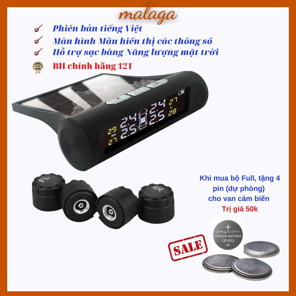 Cảm biến áp suất lốp ô tô van ngoài, cảnh báo tiếng Việt, tự động sạc năng lượng mặt trời