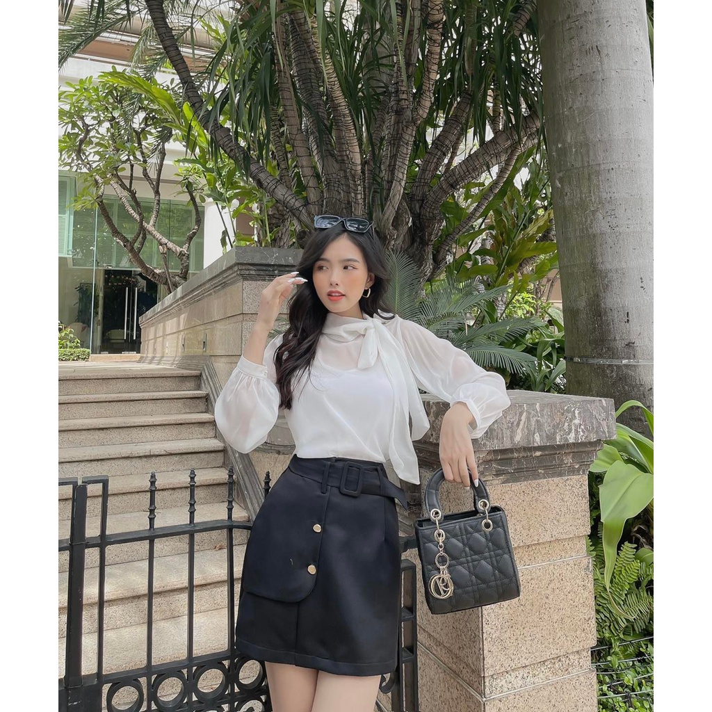 [HÀNG THIẾT KẾ CAO CẤP] Set Áo Voan Cột Nơ + Chân Váy Ngắn Kèm Belt Công Sở / Đi Tiệc Màu Trắng Thanh Lịch