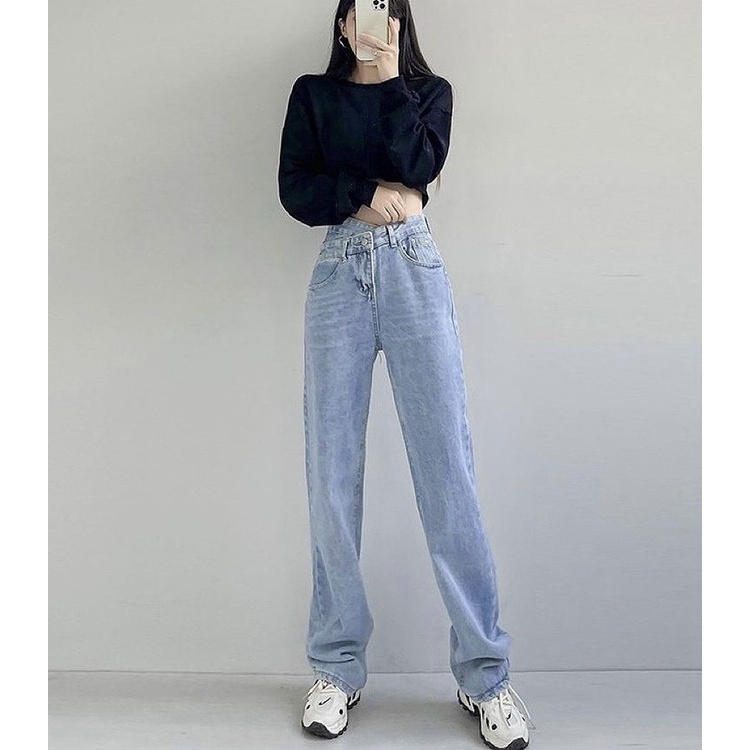 QUẦN JEANS ỐNG RỘNG NỮ LƯNG CAO CẠP CHÉO LƯNG LAI CUỐN FORM DÀI RỘNG MÀU XANH NHẠT CAO CẤP NITIQC MÀU XANH NHẠT XÁM